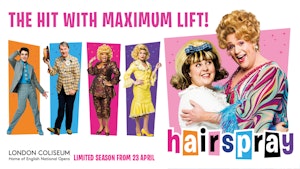 Hairspray title and Michael Ball spraying hairspray in his character Edna Turnblad's hair.