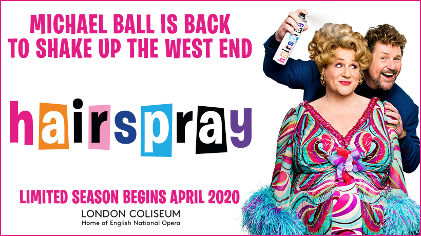 Hairspray title and Michael Ball spraying hairspray in his character Edna Turnblad's hair.