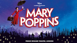 Mary Poppins floating with her umbrella over a london skyline