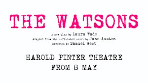 Title of the show in pink writing and theatre in black, on a white background